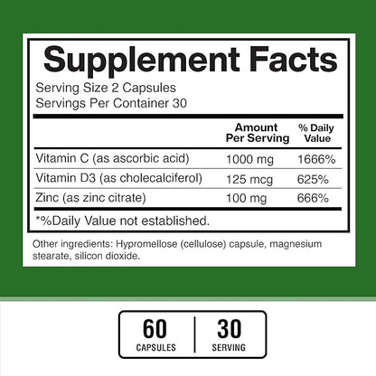 American Standard Supplements Zinc 100mg, Vitamin C 1000mg, and Vitamin D3 5000 IU (125mcg) Per Serving - Gluten Free, Non-GMO, 60 Capsules, 30 Servings