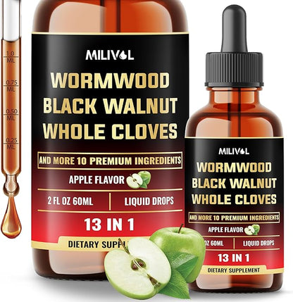 13in1 Wormwood Liquid Drops - 1900mg Black Walnut Wormwood Liquid Extract with Whole Cloves & More - 60 Day Supply - 2 Fl Oz