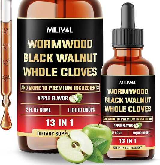 13in1 Wormwood Liquid Drops - 1900mg Black Walnut Wormwood Liquid Extract with Whole Cloves & More - 60 Day Supply - 2 Fl Oz
