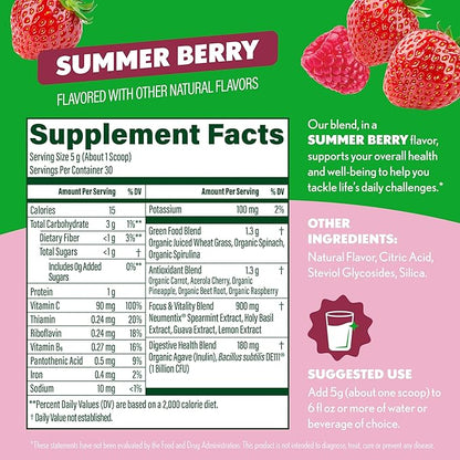 Amazing Grass Sweet Greens and Superfoods Powder for Digestive Health, Greens Powder, Digestive Enzymes, Probiotics, Spirulina, Chlorella, Summer Berry, 30 Servings