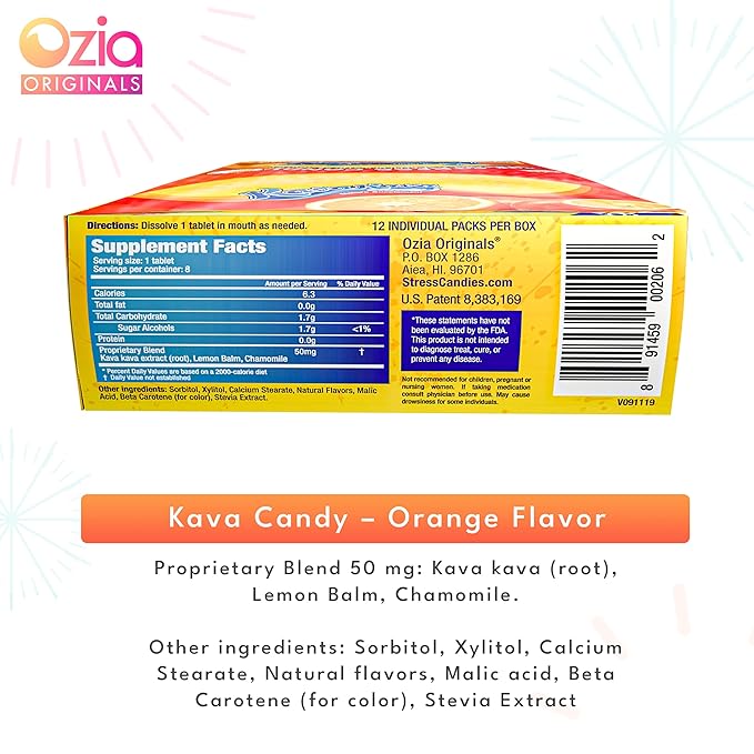Ozia Originals Kava Kava Candy - 8 Kava Candies Per Pack, Kava Extract Stress Relief Supplement, Natural Kava Root Chill Happy Pill, Encourages Positive Mood - Orange Flavor, 1 Box (12 Packs)