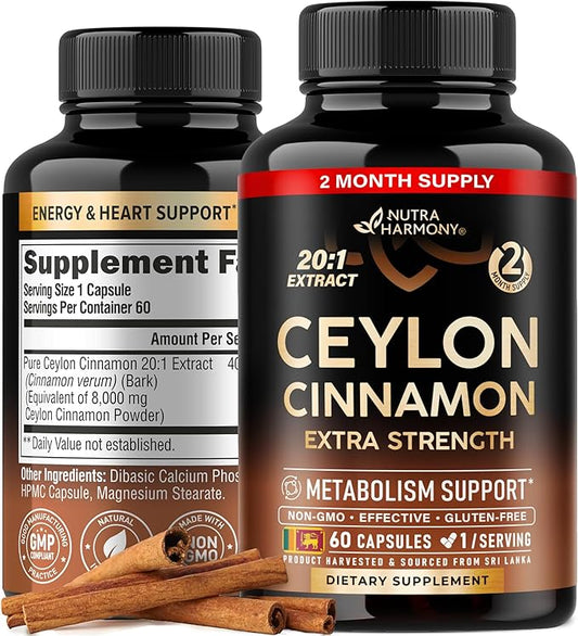 Ceylon Cinnamon Capsules - Extra Strength - Energy, Heart & Metabolism Support - for Men & Women - Pure Natural Extract 20:1 Supplement - Made in USA - GMO & Gluten Free, 60 Capsules, 2 Month Supply
