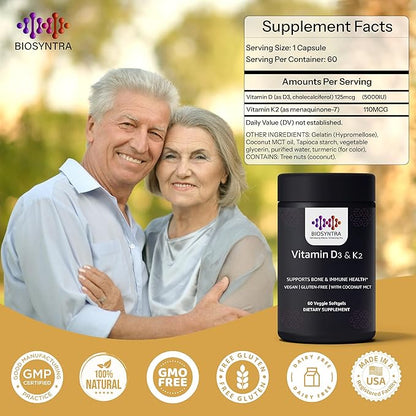 Vitamin D3 5,000 IU + Vitamin K2 (MK-7) 110 mcg Softgels – with Coconut Oil for Enhanced Absorption | Non-GMO, Easy-to-Swallow | Supports Bone and Immune Health | 60 Count