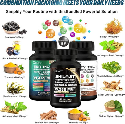Shilajit,Sea Moss, Black Seed Oil,Mushroom & Herb Supplement with Lions Mane, Turkey Tail, Reishi, Cordyceps, Chaga, Ashwagandha, Ginger, Rhodiola Rosea & Panax Ginseng,All in One Supplement.