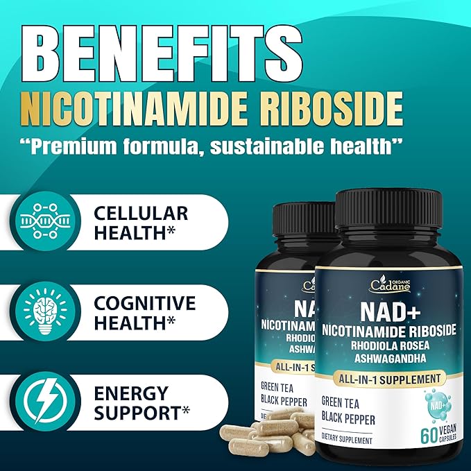Organic Cadane Nicotinamide Riboside Supplement | with Rhodiola Rosea, Ashwagandha, Green Tea & More | Cellular Health & Vitality Support | Vegan, Non-GMO – 60 Capsules