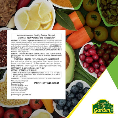 NaturesPlus Source of Life Garden Certified Organic Men's Multivitamin - 90 Vegan Tablets - Pure, Natural Whole Food Ingredients - Energy Boost - Vegetarian, Gluten-Free - 30 Servings