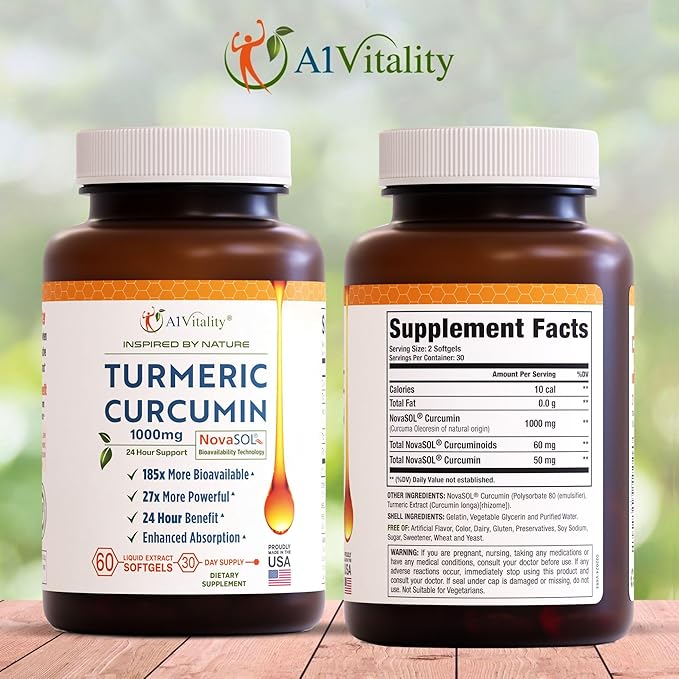 Turmeric Curcumin NovaSOL 1000mg - Nature's Joint Support Supplements - 185x Bioavailable Than Standard Curcumin - Natural Softgels