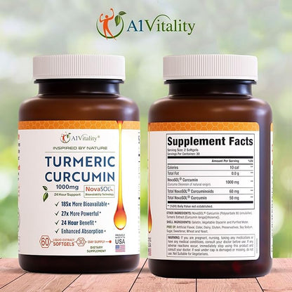 Turmeric Curcumin NovaSOL 1000mg - Nature's Joint Support Supplements - 185x Bioavailable Than Standard Curcumin - Natural Softgels