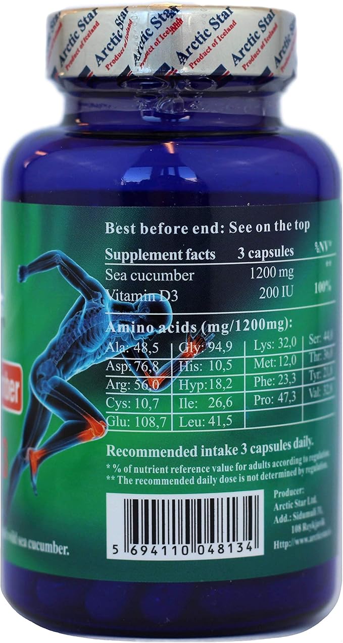 Arctic Star - Sea Cucumber with Vitamin D3 Capsules, Pure Icelandic Wild Caught Sea Cucumber Extract & D3 Supplement Pills - Cucumaria Frondosa 北极星海参+D3胶囊 (90 Capsules, 400mg) 1Bottle