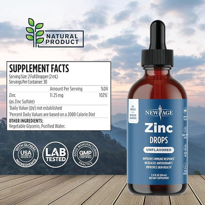 Liquid Zinc Drops for All Ages by NEW AGE - Zinc Sulfate for Immune Support, Vegan, Non-GMO & Gluten Free, 60 Day Supply, 2-Pack