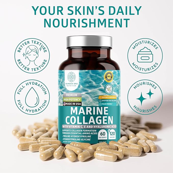 Premium Marine Collagen Dipeptides with Hyaluronic Acid, Vitamin C, Theaflavin and Copper, Collagen Supplement for Women and Men for Radiant Skin, Hair & Nails, Gluten Free and Non-GMO, 120 Veg Caps