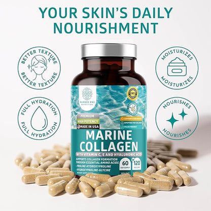 Premium Marine Collagen Dipeptides with Hyaluronic Acid, Vitamin C, Theaflavin and Copper, Collagen Supplement for Women and Men for Radiant Skin, Hair & Nails, Gluten Free and Non-GMO, 120 Veg Caps