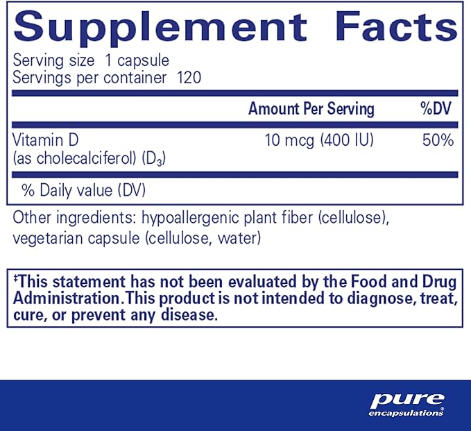 Pure Encapsulations Vitamin D3 10 mcg (400 IU) | Hypoallergenic Support for Bone, Breast, Cardiovascular, Colon and Immune Health | 120 Capsules