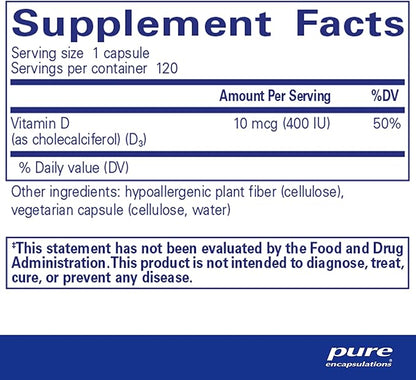 Pure Encapsulations Vitamin D3 10 mcg (400 IU) | Hypoallergenic Support for Bone, Breast, Cardiovascular, Colon and Immune Health | 120 Capsules