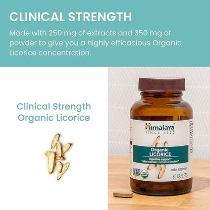 Himalaya Organic Licorice Root Herbal Supplement, Non-DGL, Occasional Heartburn and Indigestion Relief, Upset Stomach Relief, Digestive Support, Non-GMO, USDA Organic, Vegan, 60 Plant-Based Caplets