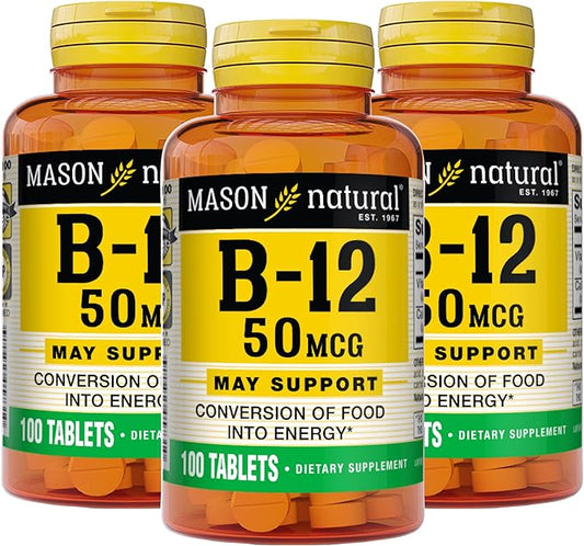 MASON NATURAL Vitamin B12 50 mcg with Calcium, 300-Day Supply, Dietary Supplement to Support Natural Energy Levels, 100 Tablets (Pack of 3)