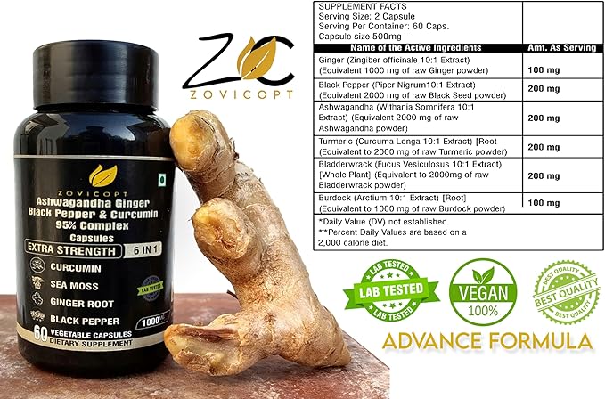 Premium Ashwagandha Extract Capsule with Ginger, Turmeric, Black Pepper, Bladderwrack, Burdock - 60 Capsule for 1 Month - Strength, & Immune Support