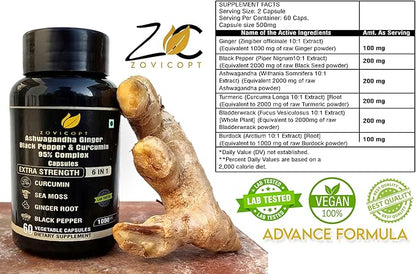 Premium Ashwagandha Extract Capsule with Ginger, Turmeric, Black Pepper, Bladderwrack, Burdock - 60 Capsule for 1 Month - Strength, & Immune Support