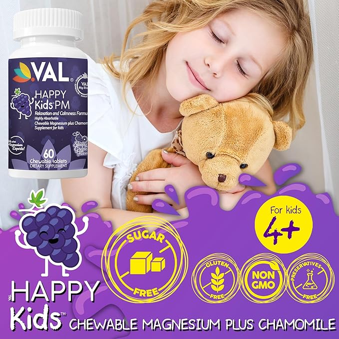 VAL Sugar-Free Calm Magnesium for Kids PM Chewable Tablets | Magnesium Glycinate, Citrate & Taurate | Chamomile & Vitamins B6 & C | Bedtime Support | Non-GMO | Grape Flavor | 60 Count