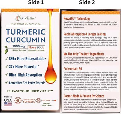 Turmeric Curcumin NovaSOL 1000mg - Nature's Joint Support Supplements - 185x Bioavailable Than Standard Curcumin - Natural Softgels