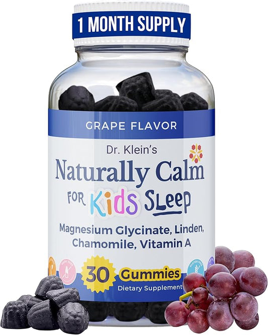 Dr. Klein's Naturally Calm Gummies for Kids - with Magnesium Glycinate, Linden & Vitamin A for Soothing Kids Ages 5+ - Vitamins to Aid Sleep - Chamomile Gummies - Calm Chews - Grape Sugar-Free 30ct