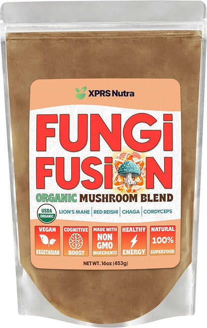 XPRS Nutra Fungi Fusion Organic Mushroom Powder Blend, Premium Blend of Lion's Mane, Reishi, Chaga, Cordyceps for Mental Clarity, Cognition, Energy and Immunity - 16 Ounce