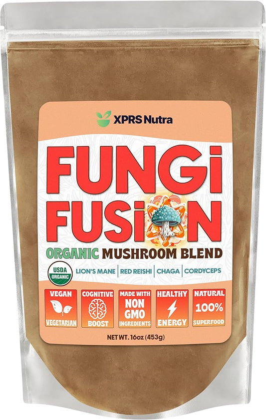 XPRS Nutra Fungi Fusion Organic Mushroom Powder Blend, Premium Blend of Lion's Mane, Reishi, Chaga, Cordyceps for Mental Clarity, Cognition, Energy and Immunity - 16 Ounce