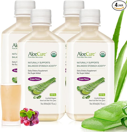 AloeCure USDA Organic Aloe Vera Juice Grape Flavor, Made Within 12 Hours of Harvest - Pure Aloe Vera Digestive & Immune Health Supplement, Helps Maintain Balanced Stomach Acidity, 16.7oz x 4 Btls