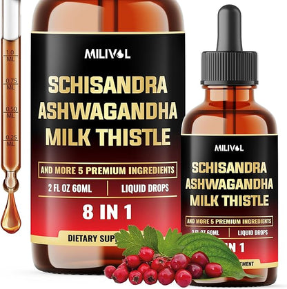 8in1 Liquid Schisandra Supplement - Schisandra Extract Drops with Milk Thistle, Ashwagandha and 6 More - Mood Support, Organ Health - 2 Fl Oz for 60 Days