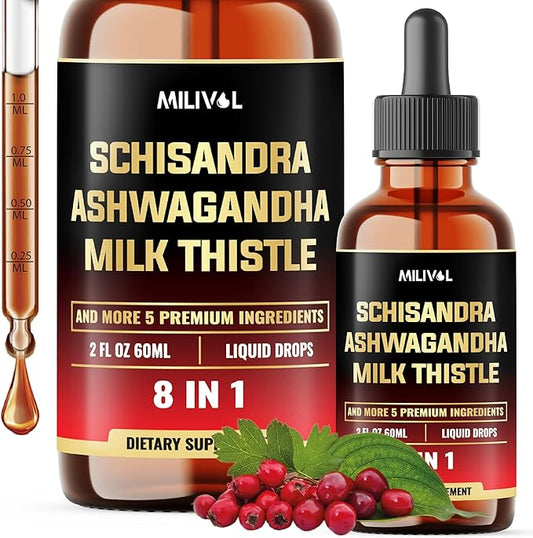 8in1 Liquid Schisandra Supplement - Schisandra Extract Drops with Milk Thistle, Ashwagandha and 6 More - Mood Support, Organ Health - 2 Fl Oz for 60 Days