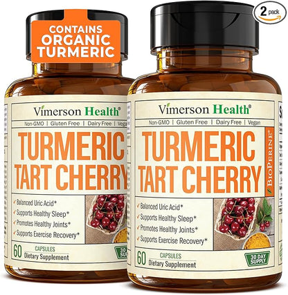 Turmeric Supplement with 10:1 Tart Cherry Extract, Turmeric Curcumin with Black Pepper & Organic Tumeric. 600mg Tart Cherry Capsules. Aids Uric Acid Balance, Joint, Muscle, Sleep Support. 2 Pack