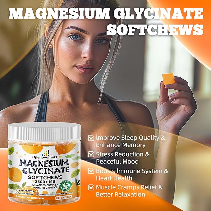 Magnesium Glycinate Soft Chews, Orange Flavor.Chewable Sugar Free Potassium Magnesium Chews with Magnesium Glycinate, Vitamin D, B6, and CoQ10 for Calm Support & Sleep for Adults, 60 Days Supply