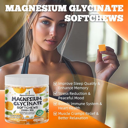 Magnesium Glycinate Soft Chews, Orange Flavor.Chewable Sugar Free Potassium Magnesium Chews with Magnesium Glycinate, Vitamin D, B6, and CoQ10 for Calm Support & Sleep for Adults, 60 Days Supply