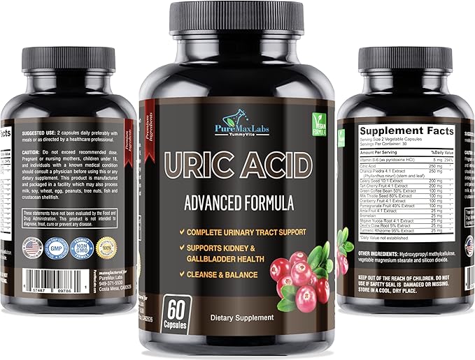 Uric Acid Advanced Formula – Kidney, Liver, Gallbladder, Urinary Tract Cleanse with Cranberry, Chanca Piedra, Tart Cherry, Milk Thistle and Bromelain 60 Capsules