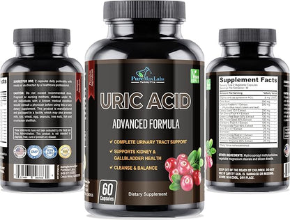Uric Acid Advanced Formula – Kidney, Liver, Gallbladder, Urinary Tract Cleanse with Cranberry, Chanca Piedra, Tart Cherry, Milk Thistle and Bromelain 60 Capsules