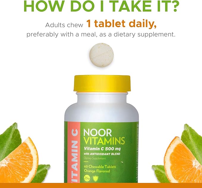 Noor Vitamins 500 MG Halal Vitamin C Chewable Tablets + Rose HIPS and Antioxidants I Supports Immune System I Vegan, Gluten Free & Halal Vitamin 60 Orange Flavored Chewable Tablets I 2 Month Supply
