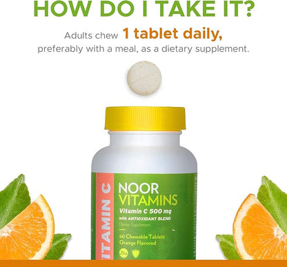 Noor Vitamins 500 MG Halal Vitamin C Chewable Tablets + Rose HIPS and Antioxidants I Supports Immune System I Vegan, Gluten Free & Halal Vitamin 60 Orange Flavored Chewable Tablets I 2 Month Supply