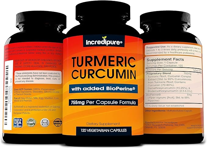Turmeric Curcumin Supplement w/ BioPerine - 755mg Per Capsule, 120 Veggie Caps by Curcumin Incredipure
