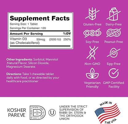 Zahler Chewable Vitamin D - Chewable Vitamin D3 2000IU (50 mcg) for Bone Health and Immune Health - Vegetarian Gluten Free Non-GMO Kosher for Adults (120 Count)