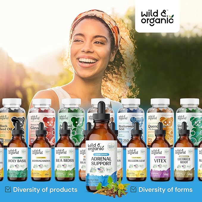 Wild & Organic Adrenal Support Drops for Positive Outlook - Natural Adrenal Support Supplements for Women and Men - Vegan, No Sugar & Alcohol - 2-Month Supply - 4 fl oz