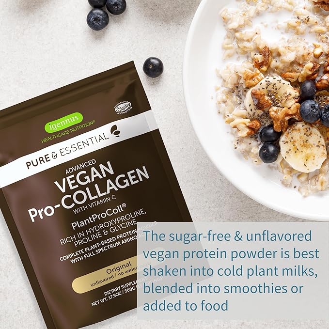Igennus Vegan Collagen Peptide Powder, Enhanced with Glycine, Proline & Hydroxyproline & Cofactor Vitamin C, Non GMO, Complete Vegetarian Plant Based Collagen Powder Booster, 4 x 35 Servings