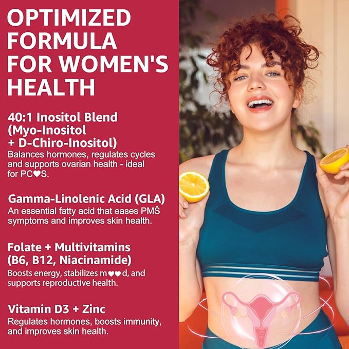 Inositol Gummies Supplement with Evening Primrose Oil for Women - 40:1 Ratio Myo-Inositol 2000mg & D-Chiro Inositol 50mg with Vit D3 B12 & Zinc, Sugar-Free for Natural Balance & Wellness, Vegan (60ct)