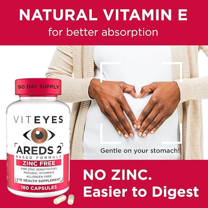 Viteyes AREDS 2 Zinc Free Macular Support, Natural Allergen Free Capsules with Vitamin E, Vitamin C, Lutein & Zeaxanthin, No Zinc, No Copper, Eye Doctor Trusted, Manufactured in The USA, 180 Ct