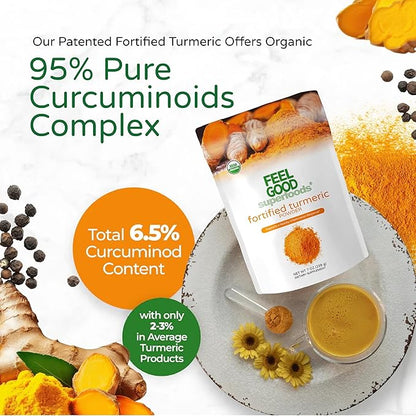 Feelgood Organic Superfoods Fortified Turmeric Powder with Curcumin and Black Pepper, 95% Curcuminoids, Vegan, Gluten Free, Non-GMO, Pure Ground Turmeric Root from India, 7 oz