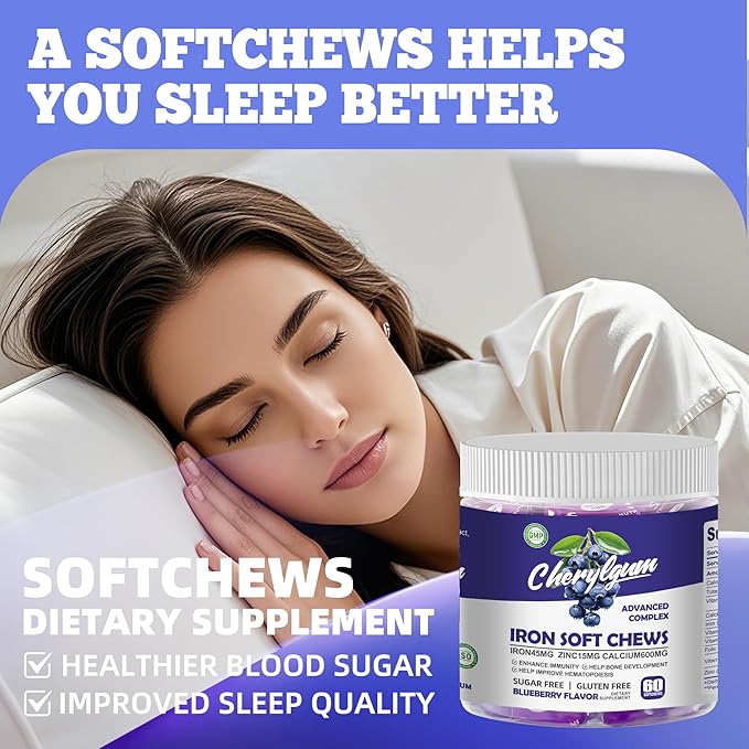 Iron Soft Chew Supplement with Vitamin C | Blueberry Flavored | Gluten Free | Iron Supplement for Women Men and Kids | 60 Count | 2 Month Supply
