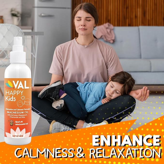 VAL Magnesium Oil Spray for Kids | Relaxation for Daytime & Bedtime | Calm & Mood Support | Zechstein Magnesium Chloride, Chamomile, Aloe & Essential Oils | No Itch, Fast-Absorbing | USA Made | 4oz