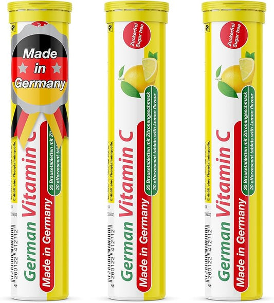 T&D German Vitamin C 180 mg - 60 Vegan Drink Effervescent Tablets - Lemon Lime Flavor - Made in Germany