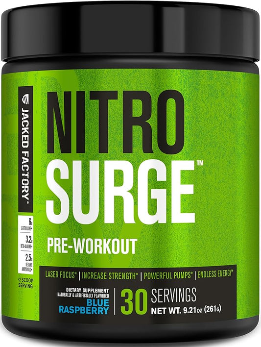 Jacked Factory NITROSURGE Pre Workout Supplement - Energy Booster, Instant Strength Gains, Clear Focus & Intense Pumps - NO Booster & Powerful Preworkout Energy Powder - 30 Servings, Blue Raspberry