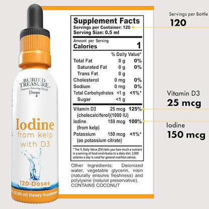 Buried Treasure Iodine Drops from Kelp - 2% Liquid Drops,120 Servings, 2 fl oz, Natural Thyroid & Immune Support, Vegan & Non GMO