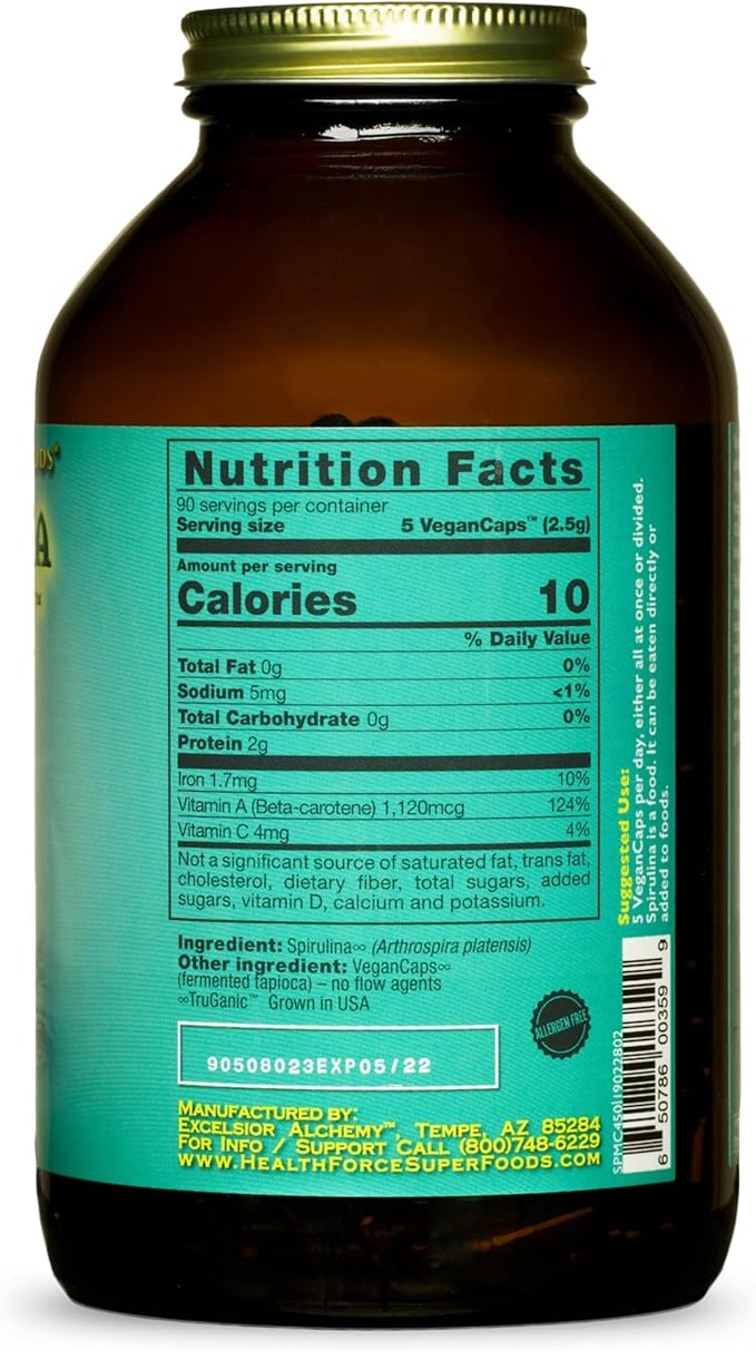 HealthForce SuperFoods Spirulina Manna - Capsules - 450 Vegan Capsules